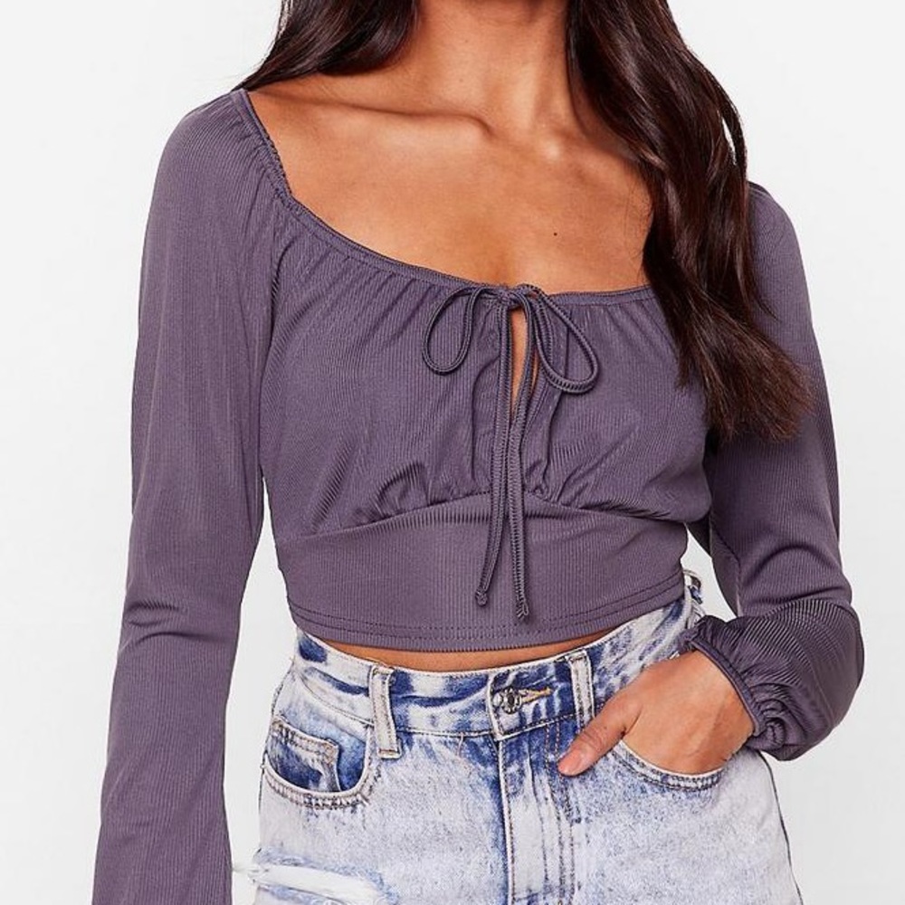 Nastygal Tie Front Long Sleeve Crop Top